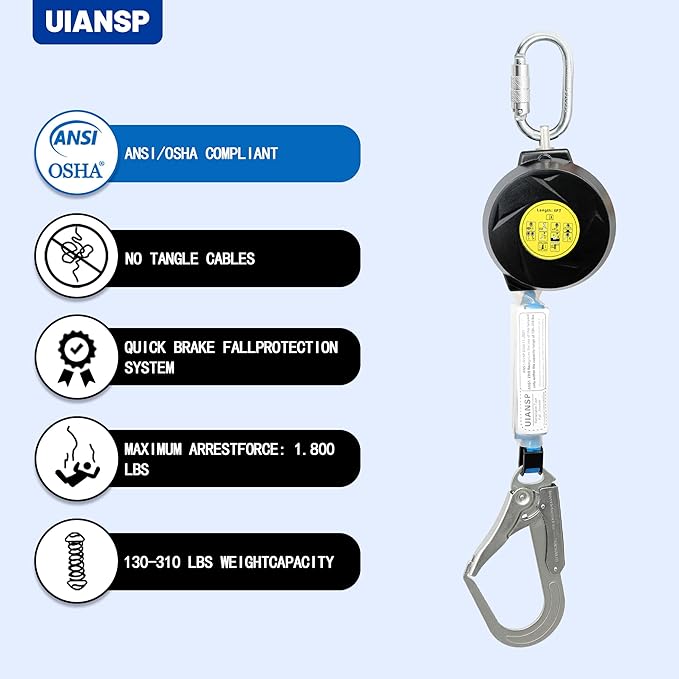 11FT Self Retracting Lifeline Fall Protection Retractable Safety Lanyard Rectracting Lifeline Personal Fall Arrest Protection ANSI Self Retractable Gear for Roofing Construction(Big Hook)