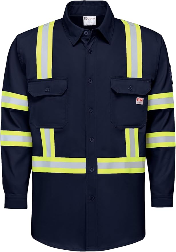 Ubon FR Shirts for Men High Visibility Welding Shirt 100% Cotton Button Down Long Sleeve Safety Workwear 6.5 oz