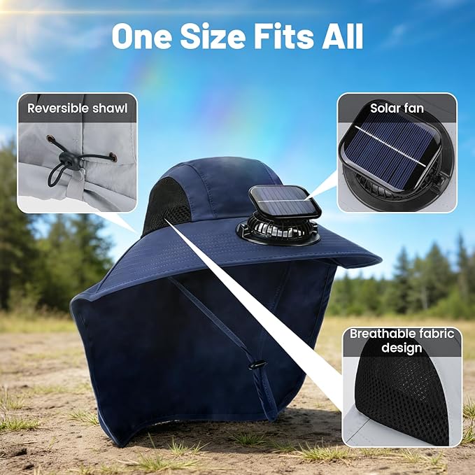 Solar Fan Hat Wide Brim Hat with Fan Sunscreene Neck Flap 3-Speed Outdoor Sun Hat for Fishing,Hiking,USB Solar Charging