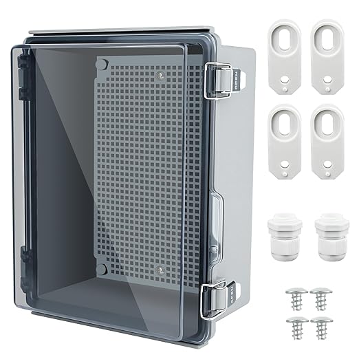 Nineleaf Electrical Junction Box IP67 ABS Plastic WiFi Enclosure with Hinged Cover with Mounting Plate, Wall Brackets, Cable Glands (Clear, 8.7"x6.7"x4.3")