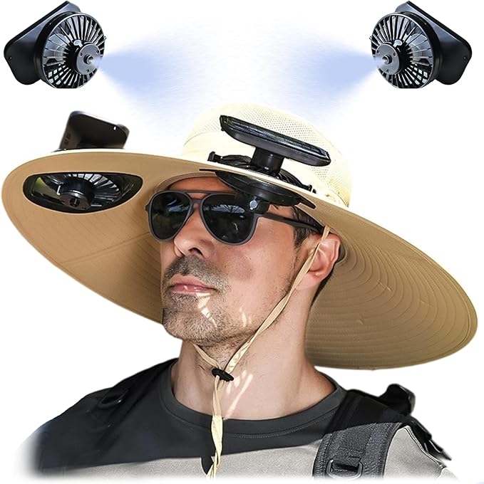 Solar Fan Hat with Mist, Mens Wide Brim Solar Power Fans Hat with Built in Fan, USB Solar Charging for Outdoor Fishing