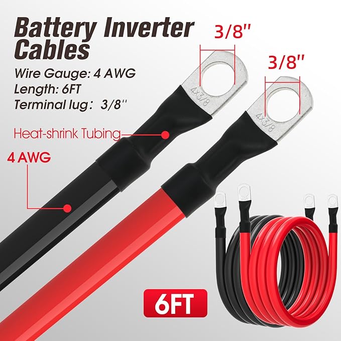 4 AWG Battery Cable 4AWG Gauge Battery Inverter Cables for Automotive Solar Marine Boat RV Car Motorcycle (4 AWG, 6FT, 3/8")