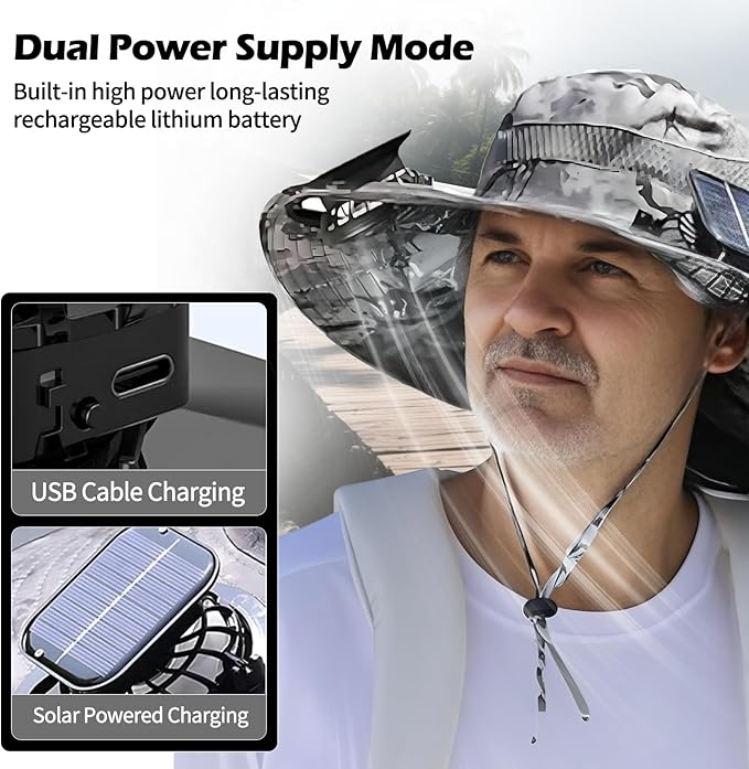 Wide Brim Solar Fan Hat, Outdoor Sun Hat with 2 Solar Power Fan for Men Women UPF 50+ Breathable Bucket Fishing Hat