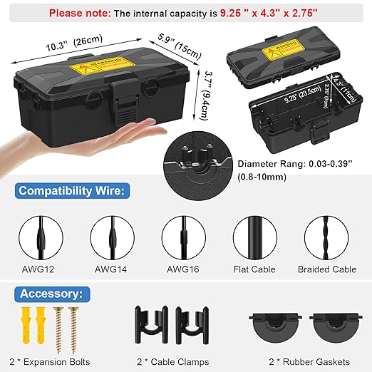 Medium Outdoor Electrical Box Waterproof 10.3 x 5.9 x 3.7 in, IP54 Waterproof Extension Cord Cover Outlet Box, Weatherproof Connection Box for Electronics Outside, Power Strip, Light, Plug