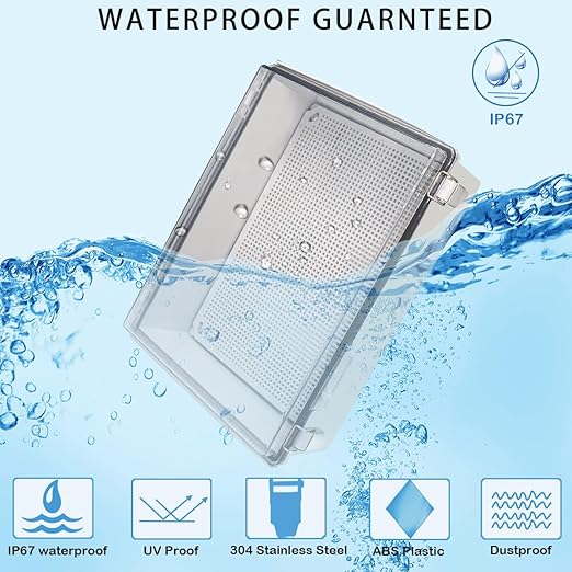 Zulkit Junction Box,IP67 Waterproof Electrical Box Hinged Clear Cover Stainless Steel Buckle Plastic Enclosure for Project w Mounting Plate Wall Bracket and 2 Cable Gland 15"x11"x5.1"/380x280x130mm