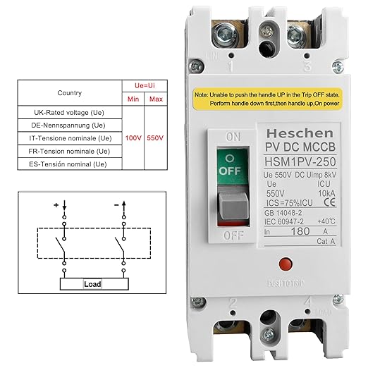 Heschen DC Molded Case Circuit Breaker MCCB, HSM1PV-250, 2 Poles, DC550V Photovoltaic Circuit Breaker, for Solar PV System Solar Panels Grid System (180A)