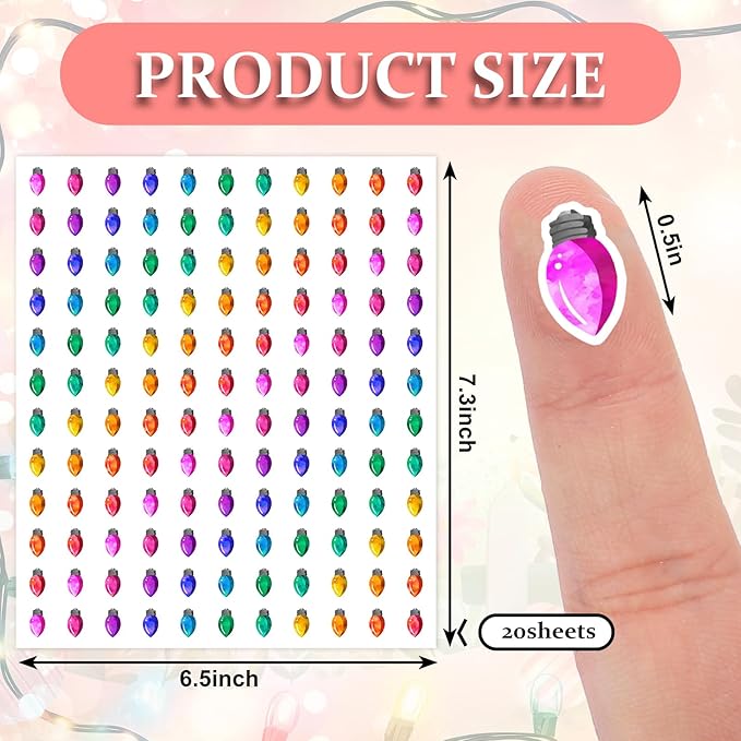 JarThenaAMCS 2400 Pcs Christmas Mini Sticker Paper Decal Colorful Xmas Light Self-Adhesive Sticker for Envelope Scrapbook Gift DIY Supplies, 0.5 in