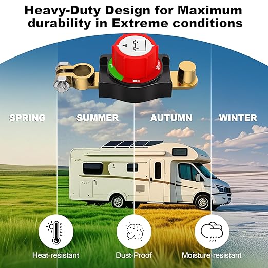 Heavy-Duty Top Post Battery Disconnect Switch, 12-48V Negative On/Off Kill Switch for Cars, RVs, Boats, and Solar Panels - Universal Fit with .67in & .83in Terminal Blocks