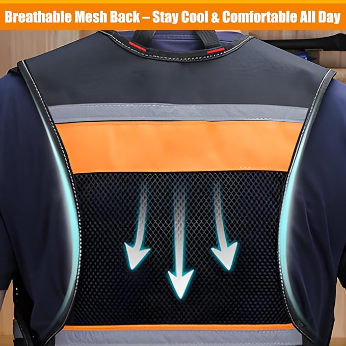 Electrician Tool Vest for Men, Tool Vest Electrician with Molded Drill Holster, 1680D Heavy Duty Adjustable Work Vest, Reflective Workwear with 16 Storage Spaces (Orange)