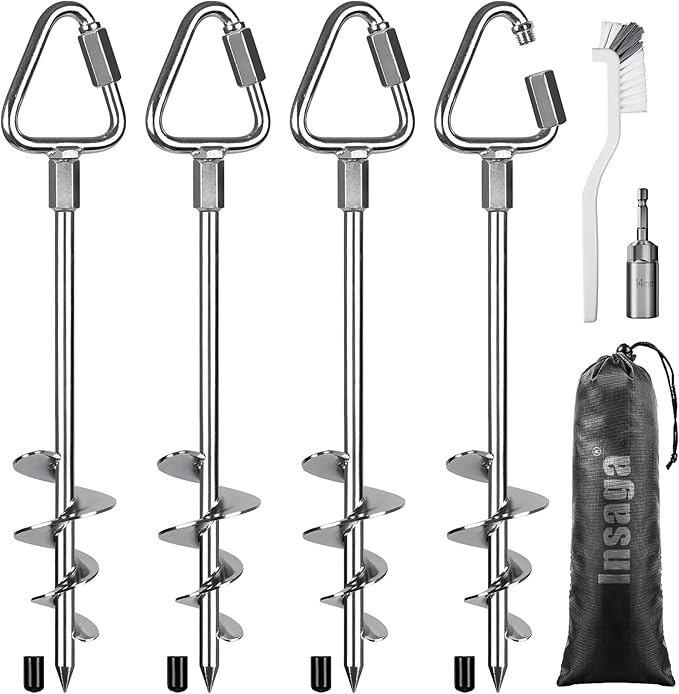 17" Heavy Duty Ground Anchors Screw in - 4 Pack Chrome Plated with Reinforced Triangle Bracket for Trampoline, Swing Set, Shed, Mobile Home, Carport - High Wind Resistance for All Soil Types