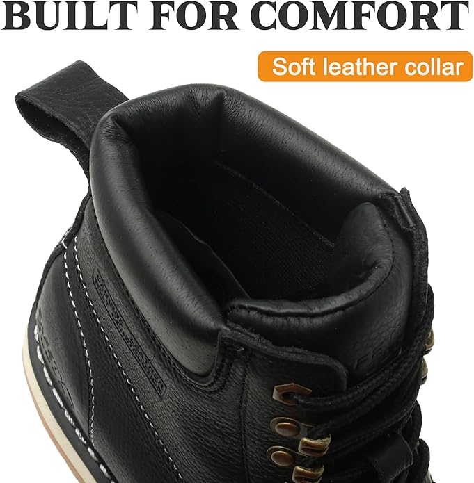 Moc Toe Work Boots for Men Waterproof Soft/Steel Toe Comfortable Full Grain Leather Non Slip Wedge Outsole Construction 6" Workboots
