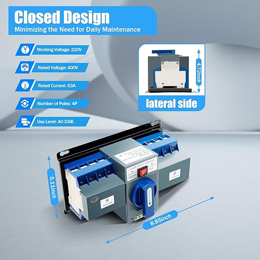 110V Dual Power Automatic Transfer Switch Dual Power Generator Changeover Switch 50HZ/60HZ (4P 63A Blue)