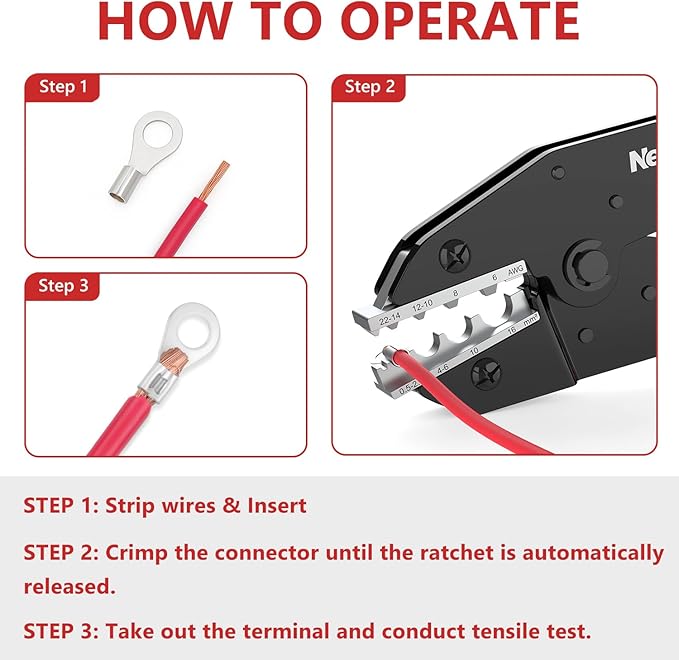 Newdeli Wire Crimping Tool for Non Insulated Butt Wire Connectors - AWG 22-6 Ratchet Wire Crimper Tool Electrical Non Insulated Ring Terminals Ratcheting Crimping Plier Crimp Tool