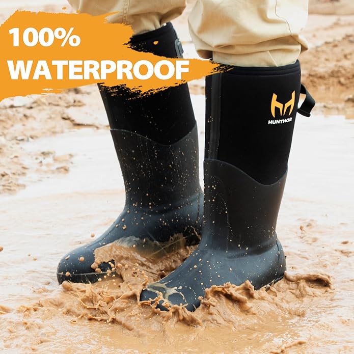 Rubber Work Boots, Puncture-Proof with Steel Toe & Shank, Waterproof Insulated 6mm Neoprene Hunting Boots for Farming, Construction, Gardening, Fishing, Outdoor Work (Size 6-14)