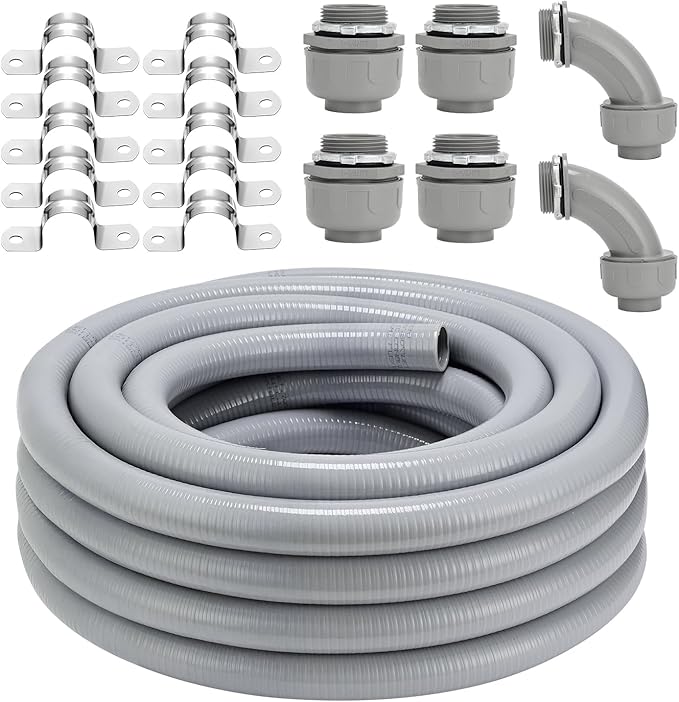 Liquid-Tight Conduit Connector Kit,Flexible Non Metallic Liquid Tight Electrical Conduit Kit,Waterproof Outdoor Electrical Conduit Pipe,Straight/Angle Fittings,Clamps (1-1/4 in x 50 ft)