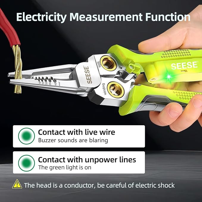 8-in-1 Wire Stripper for Electrician: Needle Nose Pliers with Voltage Tester & Dual Alarms - Electrical Pliers for Cutting Wires, Pulling Wires and Crimp Wires