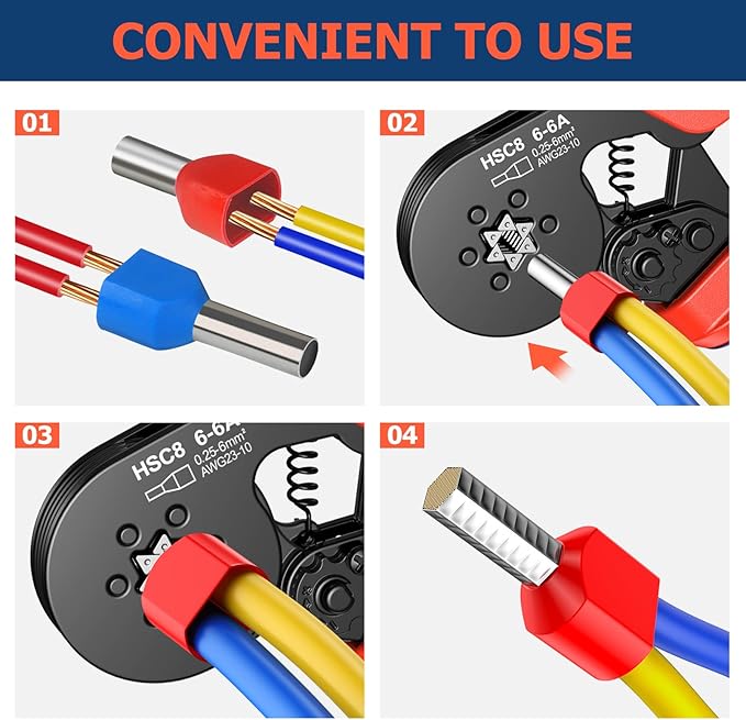Ferrule Crimping Tool Kit, Preciva Upgrade Double & Single Ferrules Connectors of 1500PCS, Hexagonal Sawtooth Self-Adjustable Ratchet AWG23-10 (0.25-6mm²) Wire Terminals Crimper Kit