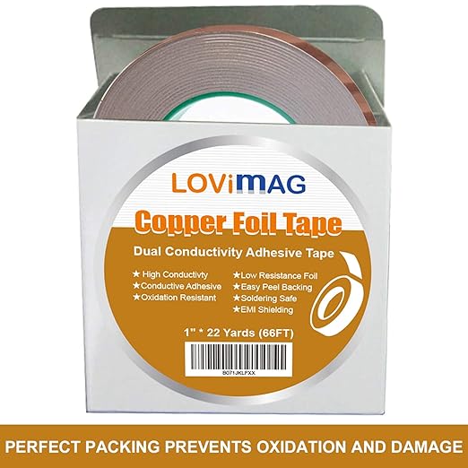 LOVIMAG Copper Foil Tape (1inch X 66 FT) with Conductive Adhesive for Guitar and EMI Shielding, Crafts, Electrical Repairs, Grounding,Masking Tape.