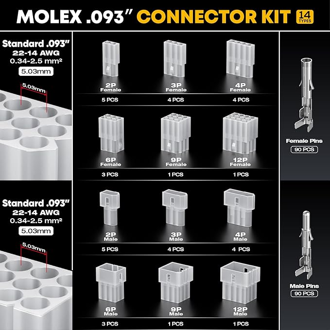 Standard .093" (5.03mm) Connector Crimping Tool Kit with Pin Extractor, 2/3/4/6/9/12 Pin Connectors, 14-22 AWG (2.36mm) Terminals, Compatible with Molex Standard .093", Crimper for Molex & TE