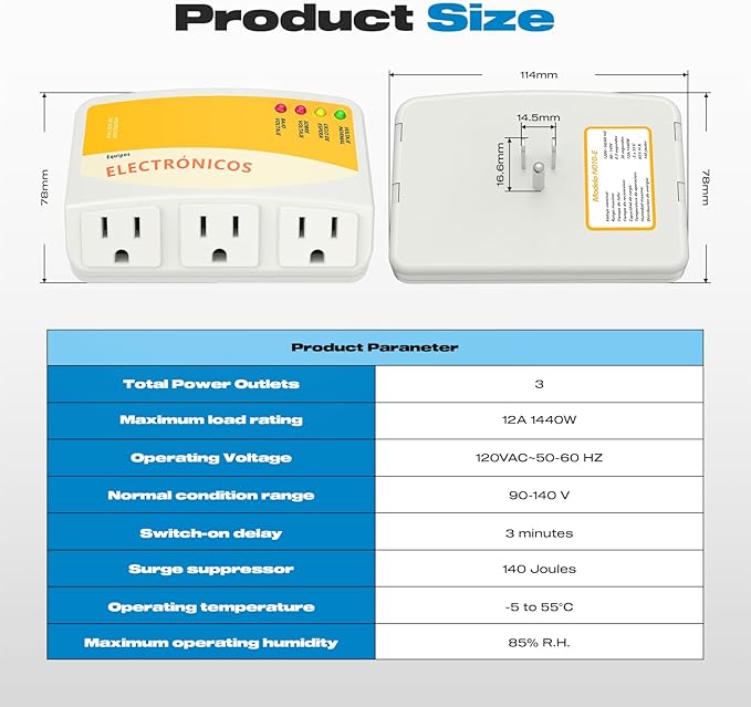 Refrigerator Surge Protector, Malictele 3 Outlet Voltage Protector Home Appliances 120V 12A Voltage Brownouts Plug Outlet for Fridge TV Air Conditioners Surge Protector 1440 Watts -1 Pack