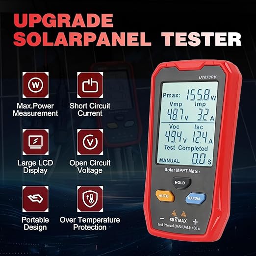 Solar Panel Tester Meter Photovoltaic Multimeter 800W, Solar MPPT Meter with Large Ultra Clear LCD, Smart MPPT Open Circuit Voltage Troubleshooting Utility Tool for PV Testing