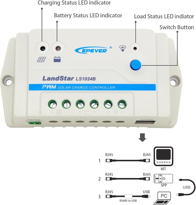 EPEVER Solar Charge Controller 10A PWM Solar Panel Charge Controller Regulator 12/24V Auto Work for Sealed, Gel, Flooded and User Type (LS1024B)