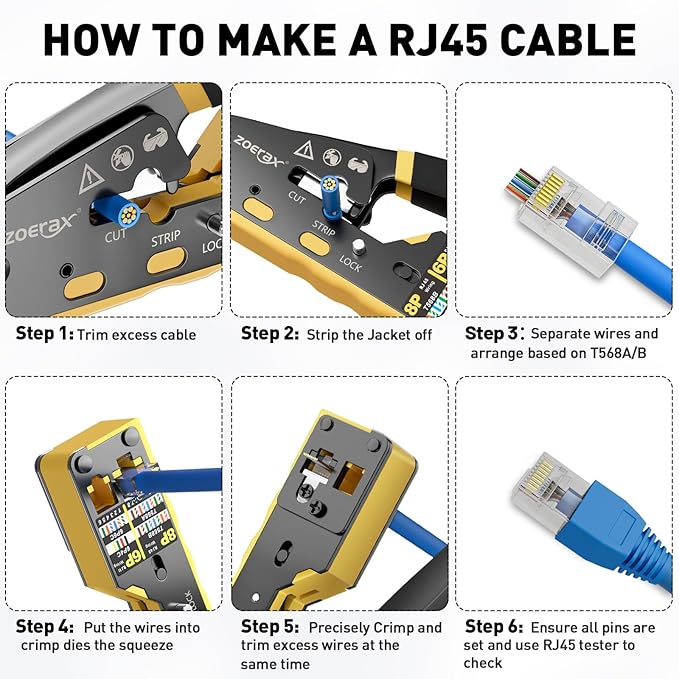 Ethernet Crimping Tool Kit RJ45 Crimp Tools,CAT5 Cat5e Cat6 RJ45 Crimping Tool Kit With Cable Tester, Mini Stripper, Blades,50Pcs Cat 6 Pass Through Connectors and Strain Relief Boots