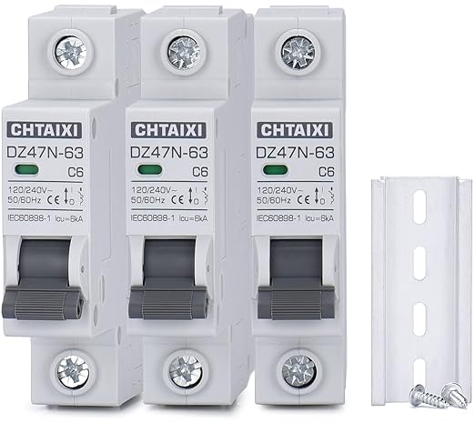3 Pack 1 Pole Miniature Circuit Breaker, 6 Amp 120V/240V AC DIN Rail Mount Circuit Breaker, Thermal Magnetic Trip MCB C6