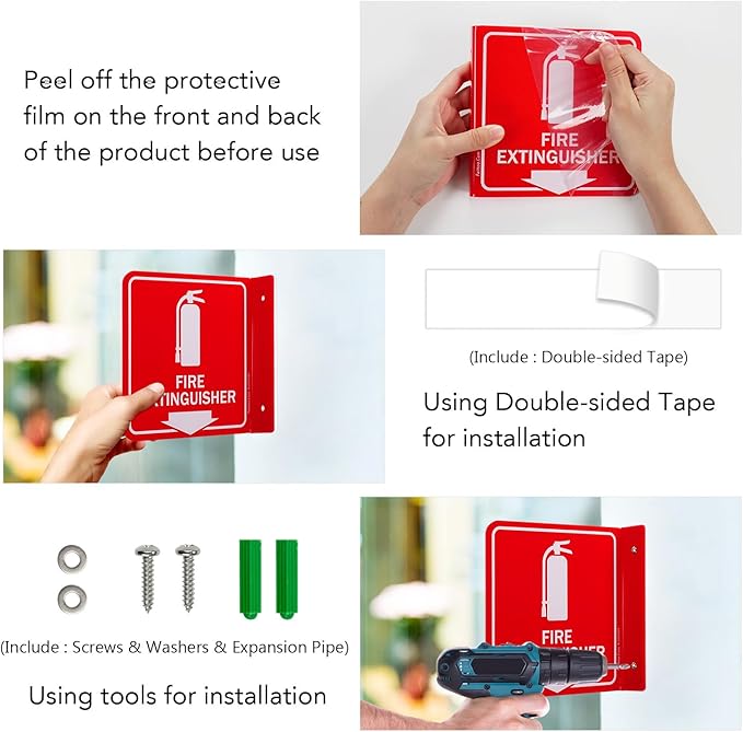 Faittoo Fire Extinguisher Sign, 2 Pack Fire Extinguisher with Down Arrow - 6 x 6 Inches Acrylic Plastic, 2 Pre-Drilled Holes, Includes Matching Screws, Use for Home Office/Business