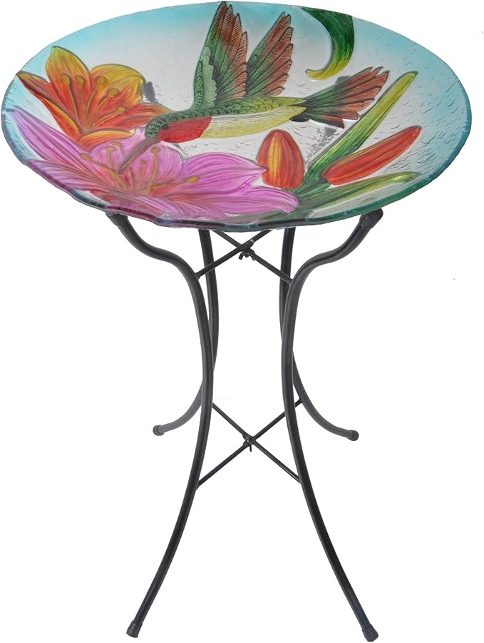 Teamson Home Handpainted Hummingbird Fusion Glass Birdbath Bowl Feeder with Metal Stand for Outdoor Patio Garden Backyard Decking, 21 Inch Height, Purple/Light Blue