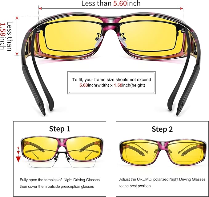 URUMQI Night Vision Driving Glasses Fit Over Eyeglasses for Men Women, Anti Glare Polarized Nighttime Glasses Yellow Lens