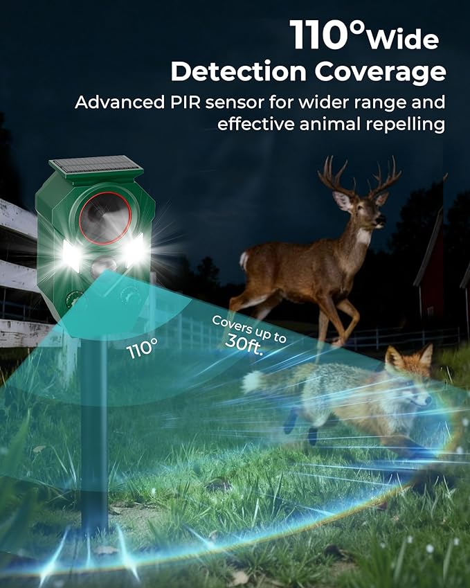 Solar Deer Repellent Devices Outdoor - Ultrasonic Animal Repellent with Motion Sensor & Strobe Light, Waterproof Animals Deterrent for Yard Garden Farm to Repel Cats, Coyote, Squirrels