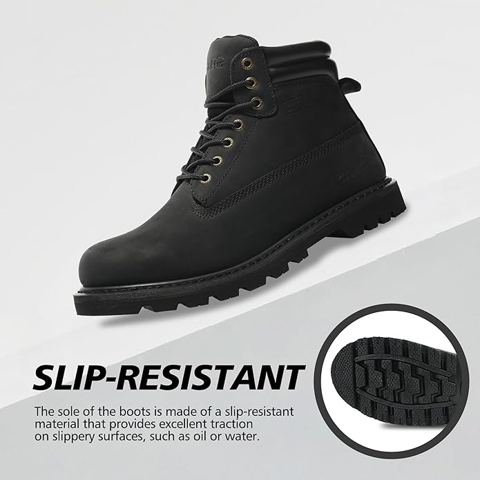 Steel Toe Work Boots for Men, 6-Inch Non Slip Comfortable Leather Waterproof Industrial Construction Safety Workboots
