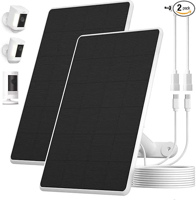Solar Panel for Ring Camera,6W Solar Charger for Ring Stick Up Cam&All-New Spotlight Cam Outdoor Wireless (Battery),Fast Charging,Adjustable Mount,10ft/3m Cable,USB-C to Barrel Plug Adapter(2 Pack)