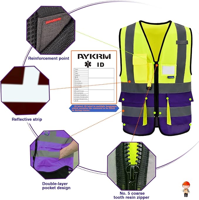 Yellow&Purple X-Small High Visibility REFLECTIVE Safety Vest with 4 Reflective Strips 7 Pockets ZIPPER