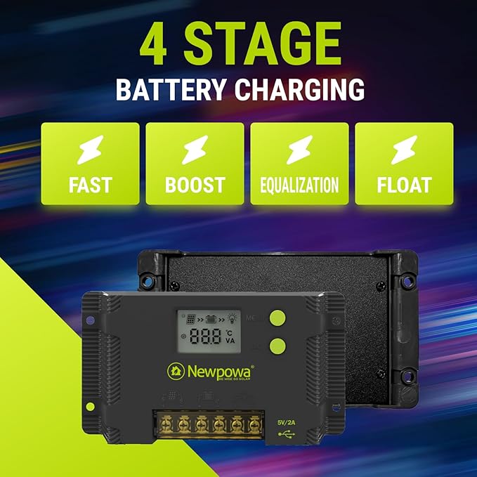 Newpowa 10A PWM Solar Charge Controller 12V/24V LCD Display Off Grid Solar Panel Adjustable for Gel, AGM, Liquid, Lithium Battery