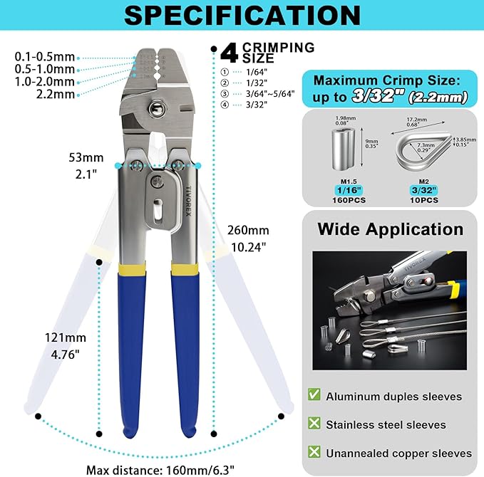 Wire Rope Crimping Tool Kit, 100ft 1/16" Stainless Steel Wire Rope Cable with 160PCS Aluminum Crimping Loop Sleeve, 10PCS Thimble for Railing, Decking, Picture Hanging