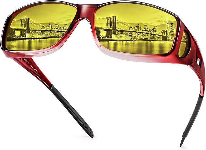 URUMQI Night Vision Driving Glasses Fit Over Eyeglasses for Men Women, Anti Glare Polarized Nighttime Glasses Yellow Lens
