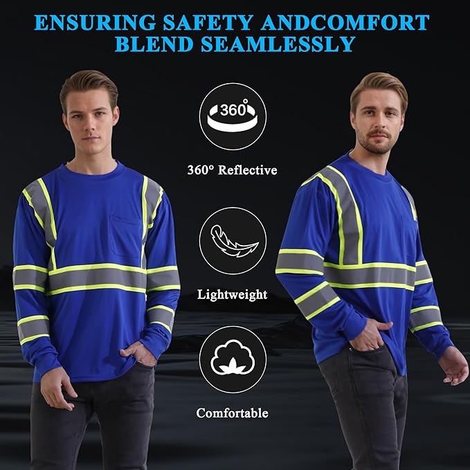 W&H Hi Vis Safety Long Sleeve Shirts Reflective High Visibility Birdeyes Class 3 Shirts,Construction Work