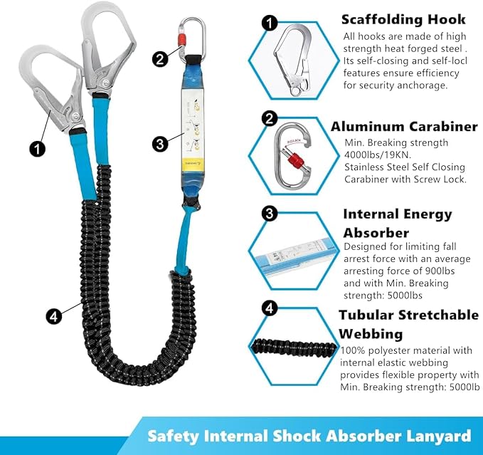 6ft Internal Shock Absorbing Safety Lanyard with Double Snap Hook Connectors, Fall Protection Equipment