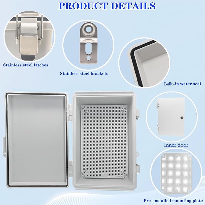 Waterproof Outdoor Electrical Box Junction Box Weatherproof IP67 ABS Plastic Enclosure Switch Router Project Box with Mounting Plate with Wall Bracket 2 Cable Glands Grey 11.4" x 7.5" x 5.5"