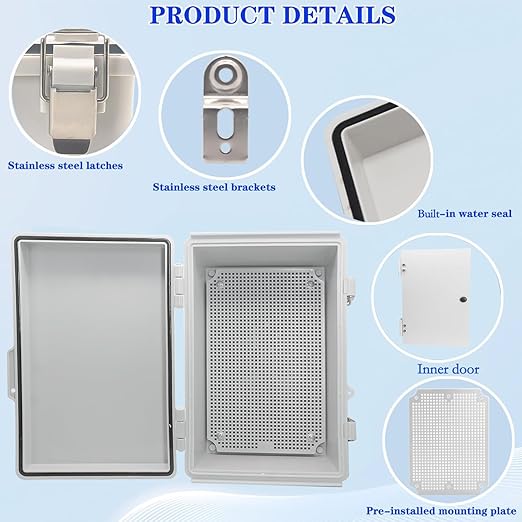Waterproof Electrical Box with Mounting Plate, IP67 Junction Box Stainless Steel Latch Hinged Grey Cover Project Enclosure with Inner Door,Wall Bracket and 2 Glands 11.4" x 7.5" x 5.5"
