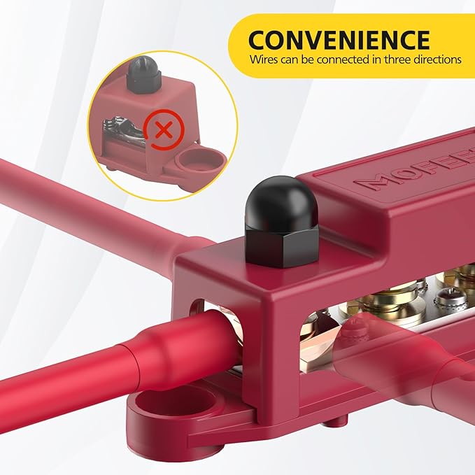 MOFEEZ Power Distribution Block Bus Bar, 4 x 5/16" Post Marine Bus Bar Battery Busbar Terminal Block with Cover, Lugs, Ring Terminals (Pair, Red & Black)