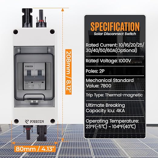 Solar Panel Disconnect Switch 1000V 40A PV Disconnect Switch Box Outdoor Breaker and Enclosure for Solar PV Panels Homes Battery (40Amp)