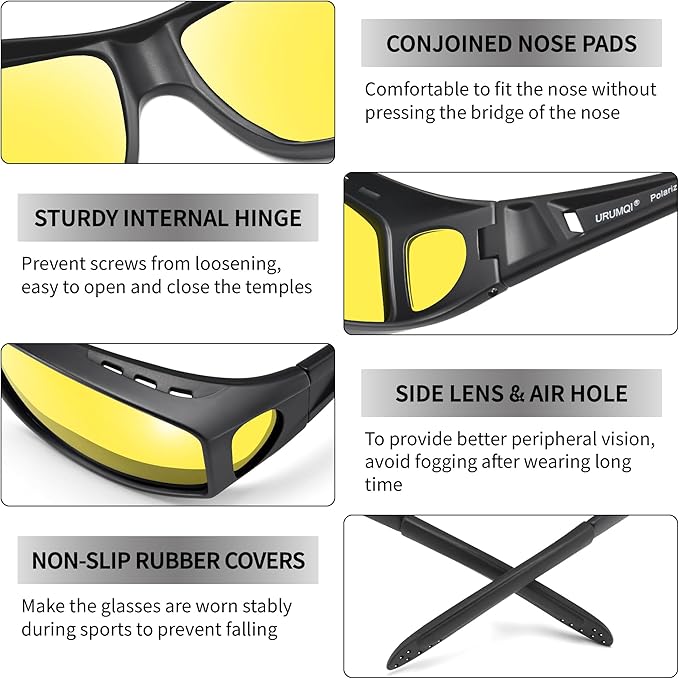 URUMQI Night Vision Driving Glasses Fit Over Eyeglasses for Men Women, Anti Glare Polarized Nighttime Glasses Yellow Lens