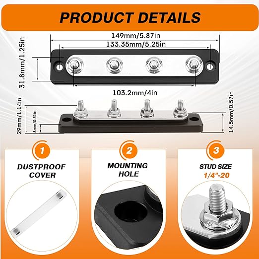 Common Busbar Power Distribution Block Battery Terminal Block for Car & Marine Applications 1/4" M6 150A with Dustproof Cover CBB (4 Poles)