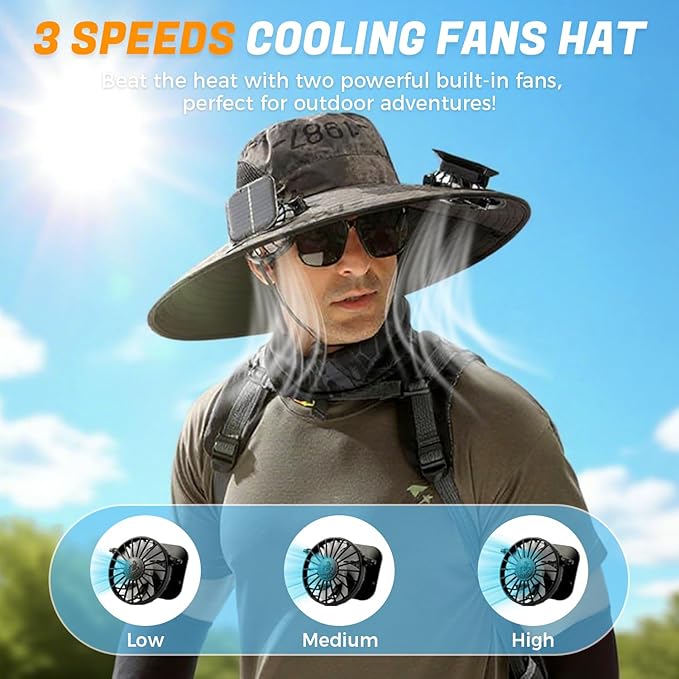 Solar Fan Hat for Men Women, Wide Brim UPF50+ Sun Hat with 2 Removable Fan 3-Speed Wind Solar&USB Charging