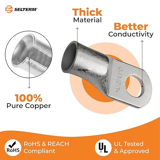 SELTERM 10pcs 4/0 AWG 1/2" Stud Tinned Copper Wire Lugs, Ring Terminals, Battery Cable Ends, 0000 Gauge Ring Terminal Connectors, UL Marine Grade Electrical Terminals