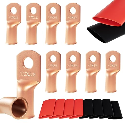 10pcs 2/0 Awg(00 Guage) - 3/8" (M10) Sanuke Wire Lugs Ring Terminal Connectors Ends, Heavy Duty Wire Connectors, Battery Cable Lug Wire Electrical Eyelets with 3:1 Dual Wall Adhesive Heat Shrink