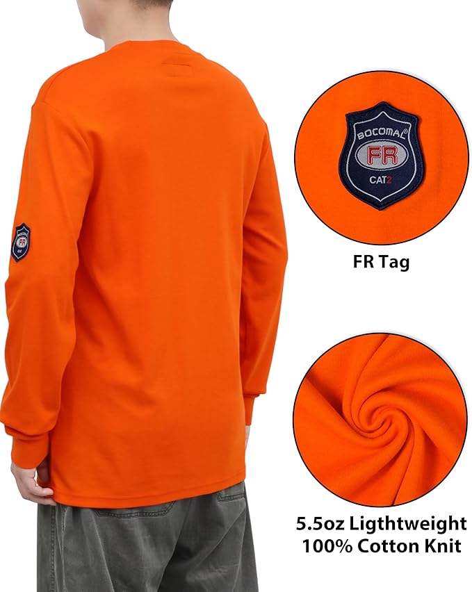 BOCOMAL FR Shirts Lightweight Classic Crew Long Sleeve Fire Resistant Shirt CAT2